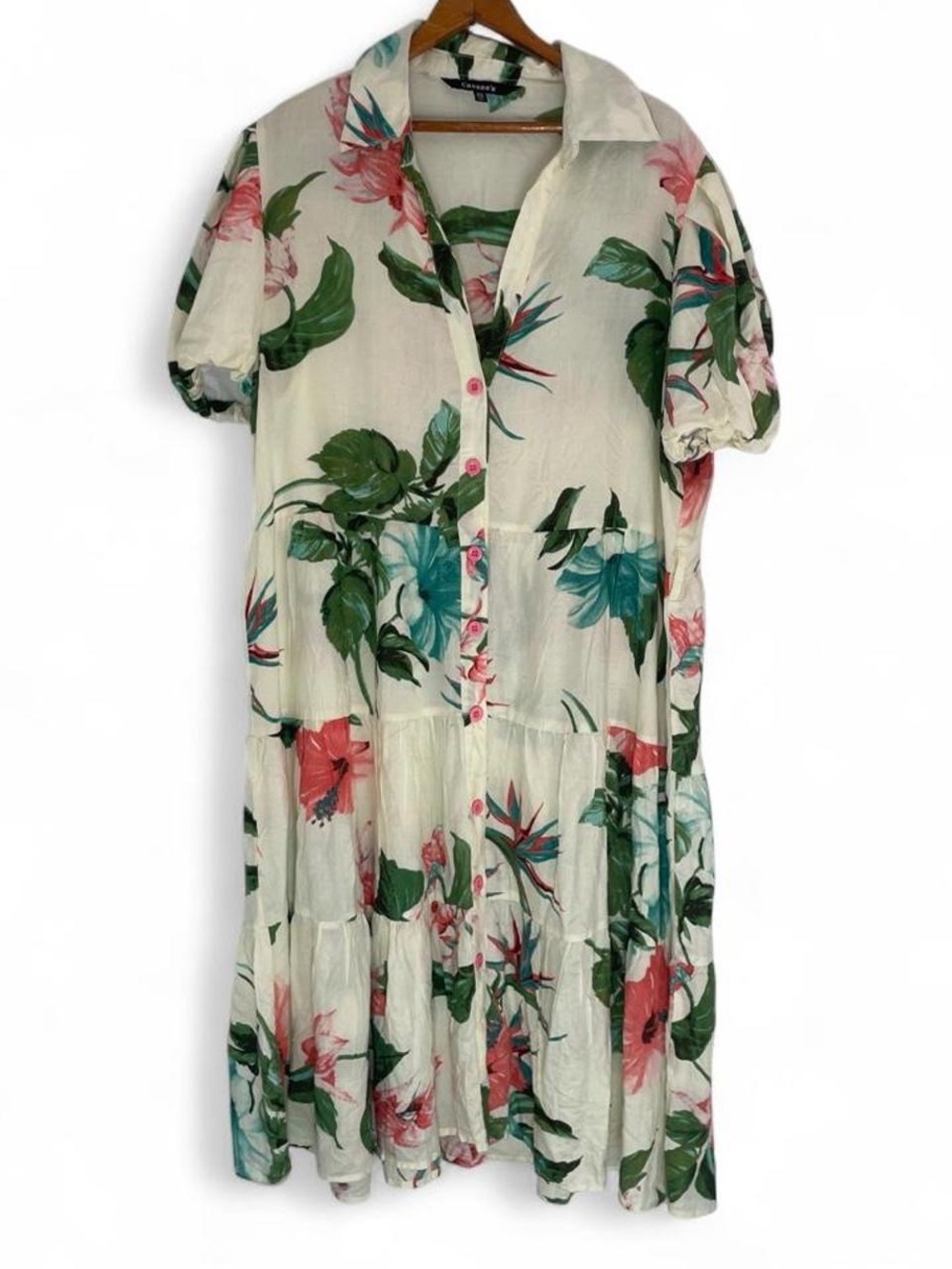 Cassee's Women's 2X Button Down Tiered Cream Multicolor Floral Midi Dress Resort